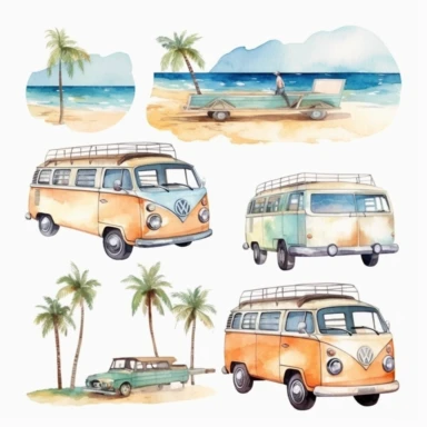 Beautiful and cozy Van, Hippie's Van, Beach and Sea, 9 High Clipart JPGs, cute design in Michael Powell style, Watercolor Art