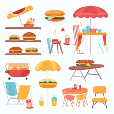 summer bbq clipart featuring grill, burgers, hot dogs, picnic tables,clipart, minimalist,bright colors,isolated white background, 8k