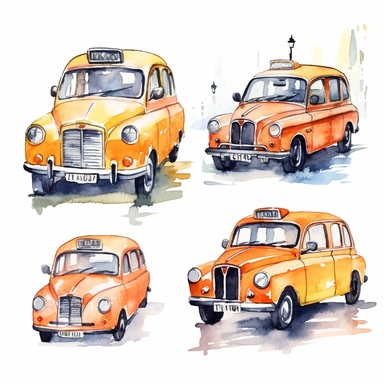 watercolor london taxis in streets, illustrations clipart set, simple, , cartoon elements ,different variants , separate elements with a margin - @Lookfar (fast) Image