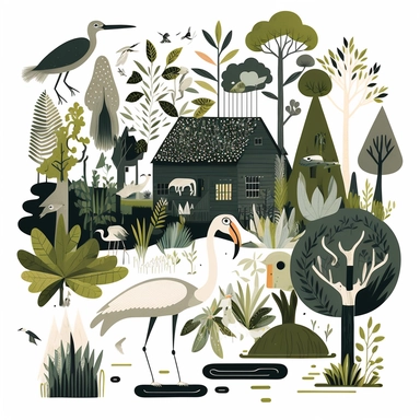 Cozy swamp creatures clipart, warm spring, droga, swamp borda, stork, water plants, aligator, shoebill, , fresh leaves, illustration, animals all frolicking amidst the swamp foliage, holly and intricate trees, swamp wooden house, dreamy landscape, fruits,. type LIVE IN THE SWAMP , flat modern collage type, minimal, Freeform collage, white background, vector illustration, particles corroded dark red, beautiful and dark gray chaos, black frequency, scan, intricate, typographic 90's, iconographic 9