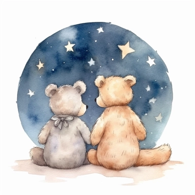 hand drawn pair of teddy bears back facing sitting together looking up at the night sky and the moon and stars, for a nursery, celestial accents, pastel shades, glamorous, watercolor, white background with margins, clipart style