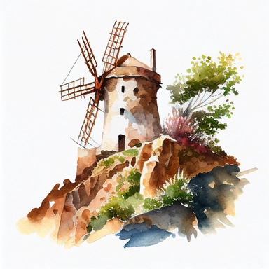 windmill on cliff watercolor,all white background, clipart