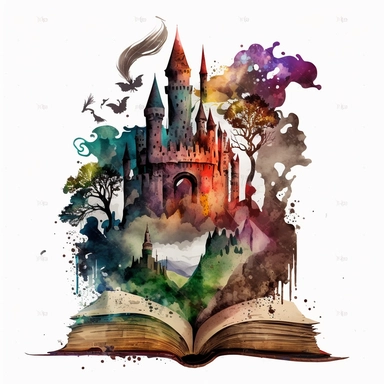 Clipart, Mythical Watercolor Castle Emerging from an Open Book, no background, hd