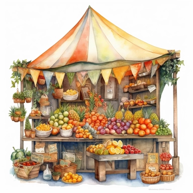 watercolor, hyper realistic, white background, white margins, 16k, ultra detailed clipart, cut out image, hand-drawn, whimsical a charming market stall filled with fresh fruits, vegetables, and flowers, adorned with colorful bunting flags. Warm Tones of Orange, Yellow, and Green