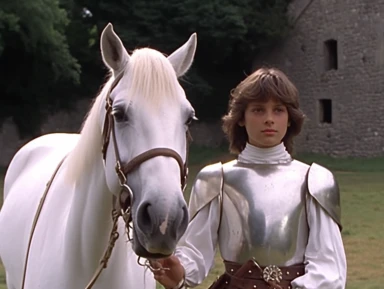 arthur as a young squire is walking next to a white horse, medieval clothing, vhs clip of 1981 movie the grail, in the style of home video, thumbnail