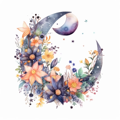 complex watercolor illustration of floral magical moon and stars, isolated ,disney style,concept,art,8k,hd,watercolor,detailed,white backround,clipart