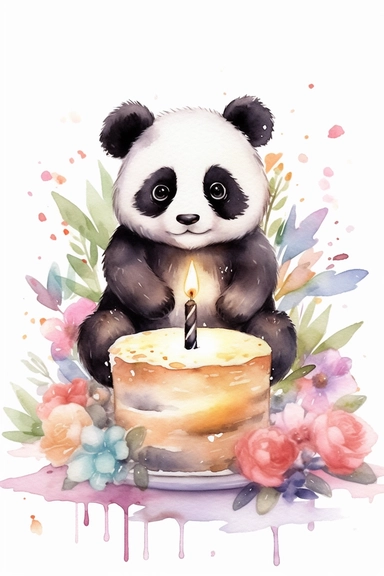 Create a watercolor clipart picture of a cute panda sitting next to a birthday cake, with small flowers and greenery. The panda should have a friendly and adorable expression, with its black and white fur depicted in soft watercolor textures. The cake should be a single-tier design with pastel colors and simple decorations, such as sprinkles and candles. Scatter small flowers and greenery around the cake and the panda to create a whimsical and natural atmosphere. To add to the celebratory feel, 