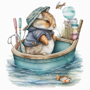clipart design of watercolor bunny go fishing in a boat, contrasting to the white background