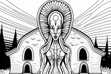 make it an alien church Contour Drawing, in the style of line art coloring page for adults, entirely black and white only, vector drawing style, clipart, white background