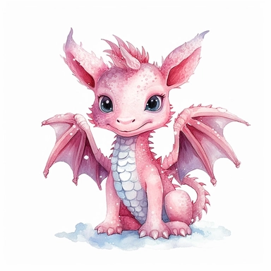 watercolor, white background, no text, clipart of a baby pink dragon, first plan, majestic, cute, wings