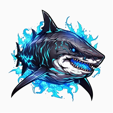 a glowing tribal shark with blue lights on his eyes, tribal animals, in the style of manhwa character design, master of shadows, burned/charred, himalayan art, dark black and light azure, clipart, on white blackground