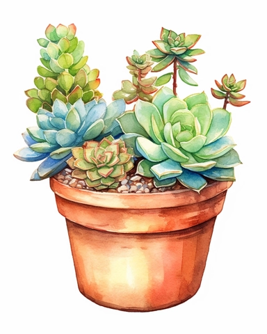 Succulents in indoor pot Watercolor Cliparts Illustrations isolated on white background “Photorealism” taken with macro lens 100 mm on a full-frame camera