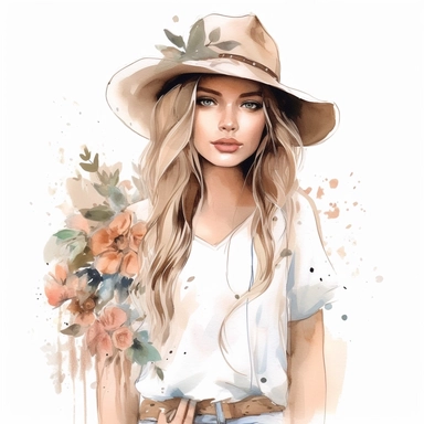 Country Girl Watercolor, Boho Girls clipart, wide, Digital Watercolor Illustration Girl, Girl Flowers Clipart, Watercolor Fashion Girl