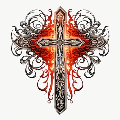 large gothic cross, angel, gothic vector illustration, white backround, centered, symmetrical, professional photography, realistic, flat white background, isometric, vibrant vector, clipart, illustration, realism, 4k, surrealism, cinematic, front view, white background, colorful, hell, fire, flame, t-shirt design, white background, bold strong lines, 3D vector art, cute and quirky, fantasy art, watercolor effect, bokeh, hand-drawn, digital painting, low-poly, soft lighting, isometric style, retr