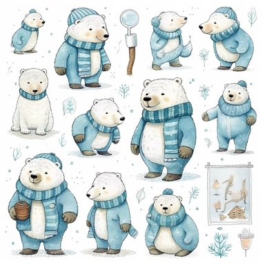 Charming polar bear clipart in the style of henry moret, showcasing these adorable arctic animals in various playful poses and expressions, adorned with winter accessories