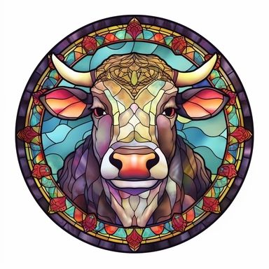 round emblem, Vintage Colorful Cute Beautiful Round Faux Stained Glass Cow Sublimation Clipart,hyper realistic, intricate detail, illustration style,high solution