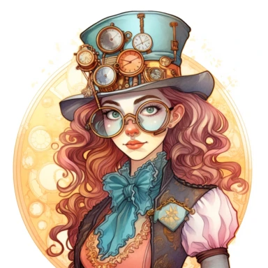 A nerd girl with glasses in sweet steampunk style, water color style, pinks, oranges, blues, teal, and liquid gold, watercolor illustrations, white background, transparent background, clean and elegant, sinister beauty, very detailed, victorian-inspired illustrations, watercolor illustration clipart, watercolor clipart, serge Marshhennikov, victor nizovtsev, i can't believe how beautiful this is