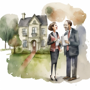 I realestate agent helping her client find a home together. Syle watercolor. Clipart.