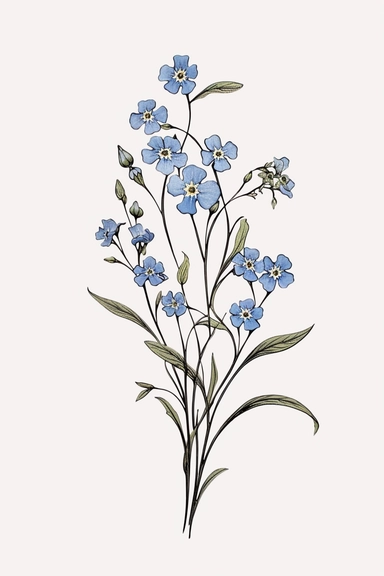 line drawing clipart of a single forget me not in black and white, coloured in