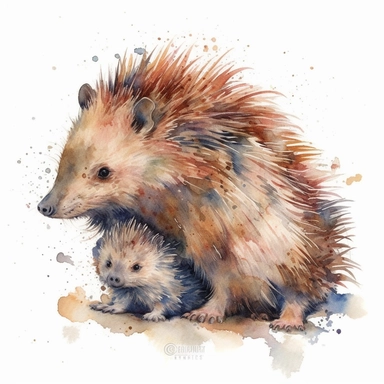 cute minimalist mama and baby porcupine, boho Clipart, Abstract Boho Clipart, Modern Boho, , Bohemian, , trending on artstation, super detailed, HQ, 8k hyper realistic watercolor chic, cute, detailed, watercolor, cohesive, balanced, , white background, border, beautiful