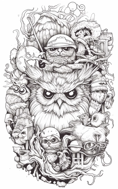 Coloring cartoon page for adult,witch clipart 6 witches, owl, in the style of reimagined by Dr. Seus, mystic mechanisms, illusory images, witchcore, lith printing ,clear and clean line art, white background