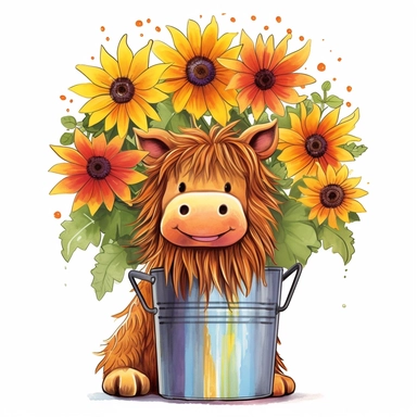 Highland Cow With Sunflowers in a flower pot with colorful flowers and a rainbow clipart
