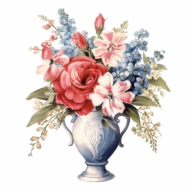 pastel red white blue color vintage wedding floral bouquet in a vase clipart