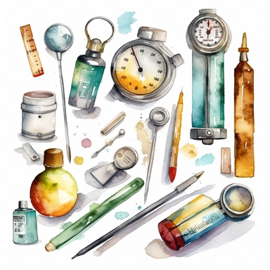 watercolor doctor related scenes , illustrations clipart set, simple, , cartoon elements ,different variants , glucometer, insulin syringe, nurse, doctor, stethtescope, mechanical body weighing scale, tweezers, microscope, ambulance, , separate elements with a margin