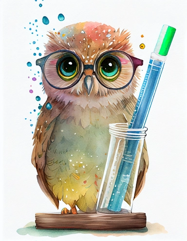 detailed watercolor kawaii owl with eyeglasses wearing a lab gown holding a test tube with chemicals, facing front, isolated on a white background, clipart