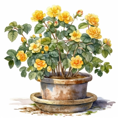 Create a beautiful watercolor clipart vignette of a rustic flowering Mediterannean teracotta potted yellow rose bush. The composition should be set against an isolated white background, with a bright and airy feel. Focus on capturing intricate details such as the delicate plant details. Use a loose and fluid watercolor technique to create a sense of movement and lightness. Experiment with the use of negative space to create a sense of depth and perspective. Consider adding small splatters or smu