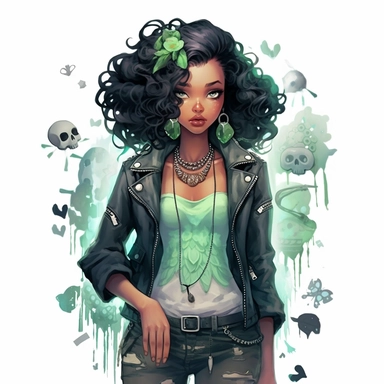 Disney princess Tiana, curly black rocker hairstyle, mint green leather jacket over a ripped green dress, frog necklace, skulls, gothic style, rock style, clipart, white background, by Kawacy