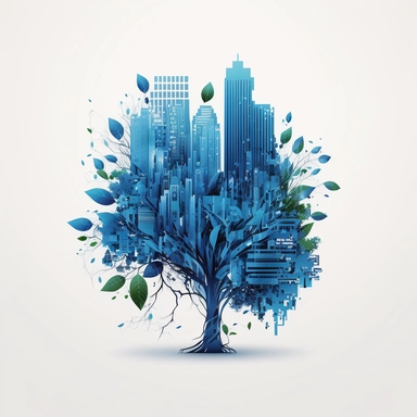 New York, glass morphism, tree, leaves, blue, simple, clean white background, digital, circuit board, icon, clipart, futuristic, 2D, flat, svg, sci-fi, 4k, vector