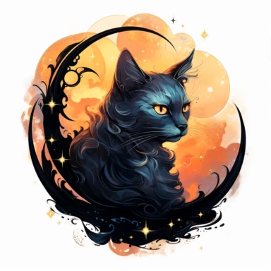A beautifully painted watercolor cat with crescent moon behind it, hues of captivating orange, yellow and black, stunningly beautiful, refined and sophisticated, Hand drawn, Roberto Ferri, Clipart, beautifully colored with strong saturated pastel colors in a beautifully colored and fantasy magical fairytale mesmerizing style, emotionally pleasing watercolor style in the style, Pre-Raphaelitism,hyperrealism, 8k hd detailed quality on a white background