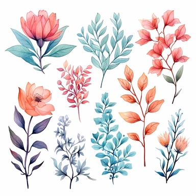 atercolor, handpainted floral clipart, transparent background, 6 elements evenly spaced out by 1 inches