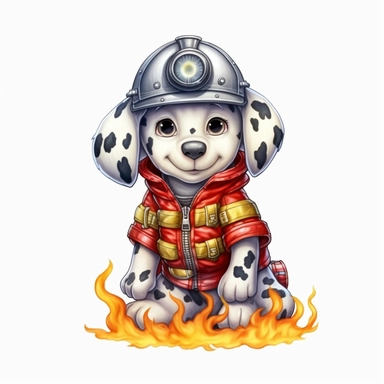 Adorable cute fantasy dalmatian dog dressed like a firefighter, nursery art, clipart image, lineart image, white background, very detailed, 8k