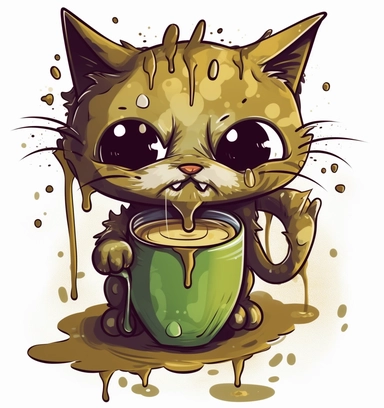 an detailed clipart of cat dripping coffee, in the style of inventive character designs, light green and brown, justus sustermans, rtx on, hustlewave, warmcore