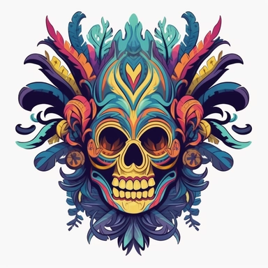 isolated flat clipart on a white background of a spooky day of dead themed voodoo mask tshirt design graphic, in the style of daniel f. gerhartz, transcendent, nikon d850, art of burma, captures the essence of nature, in the style of organic forms and patterns, expansive skies, hyper-detailed illustrations, i can't believe how beautiful this is, lively colors