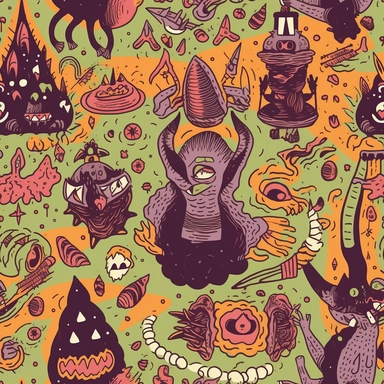 Comical Occult Creatures: Design a pattern that showcases the lighter side of satanic creatures and symbols using a humorous clipart style. Focus on capturing the amusing characteristics of characters like Baphomet wearing a party hat, a skateboarding demon, or a vampire sipping a cocktail. Employ a diverse range of colors, from dark, moody shades to vibrant, eye-catching hues, to create a visually captivating and entertaining composition.