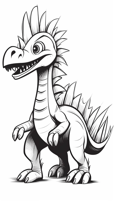 Spinosaurus, that is clean and simple on a white background, in 2d clipart vector style for adobe illustrator, should express a comic and a cartoon style look, cute and funny, the outer border width must be 4mm, it must be suitable for a coloring book, smooth lines, show full animal with its all body parts in vitali-iakovlev style, single image per page, image should be inside the page, image should not touch the edges of the page