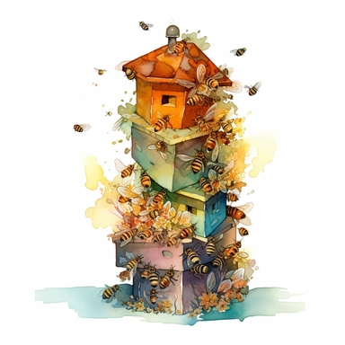 watercolor, An artistic representation of a Warré hive, known for its vertical stacking system, with bees gracefully entering or exiting the hive's multiple boxes. (Digital drawing clipart, image black border color, full body, flat texture, transparent background)