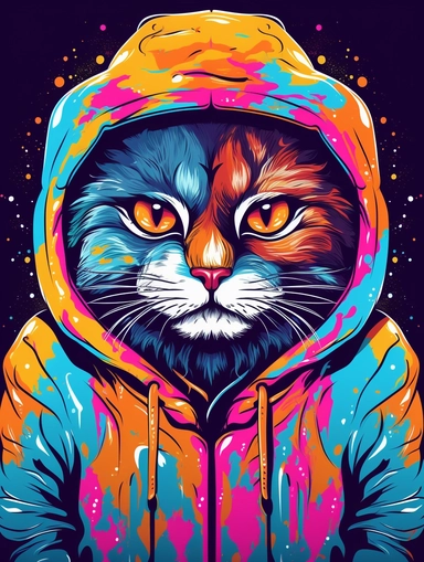 a portrait of a cat wearing a trippy colorful hoodie, looking depressed and annoyed with his paws in the pockets of the hoodie, vector illustration, clipart, outlines, portrait, detailed, artistic