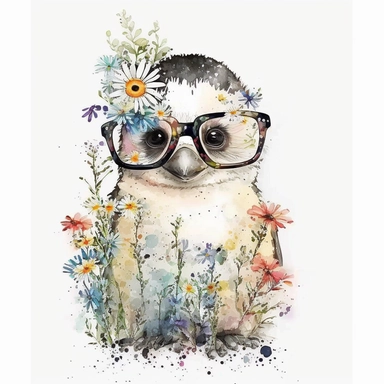 Winter, christmas, white background, watercolor, adorable baby penguin with glasses, clipart, colorful, floral, winter flowers