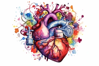 Watercolor, Form a heart shape using intertwined medical symbols or equipment clipart, hd, on a white background, spaced out