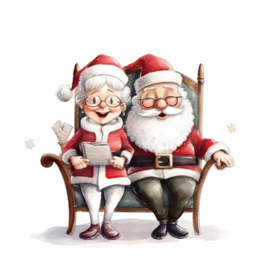 old Santa and old Mrs Claus wearing wire glasses in rocking chairs with a decorated christmas tree in background, clipart, simple and elegant style, clearly defined separate image, high quality--ar3:4-no mockups, watermarks, numbers, writing, letters--q2--v5.1--s1000