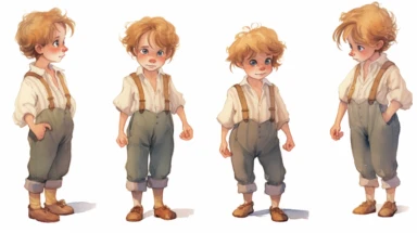 Watercolor , illustrations clipart, character sheet ,cute little boy  Hansel EDIM ( hansel character from the hansel and gratel fairy tale) in poor clothing, various emotions--seed 900