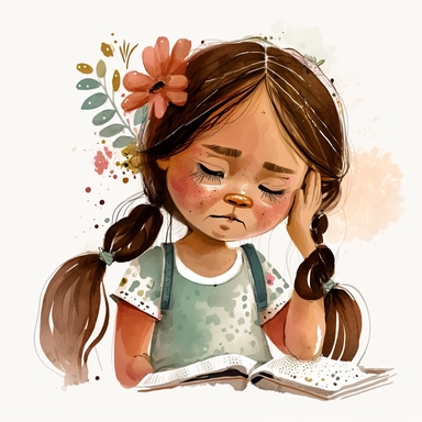 watercolor clipart, Girl doing the exercise in the book, frustrated, math.