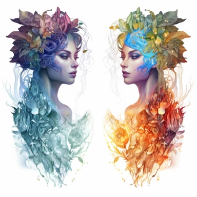 Ethereal nature elemental witches, representing (earth, fire, water and air )Clipart sheet in the style of Anna Dittmann, vivid, separated with a margin, white background
