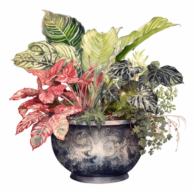 a tropical planter with caladium plant, calathea dottie ferns, and ghost ferns in a black pot , watercolor sketch, clipart,white background