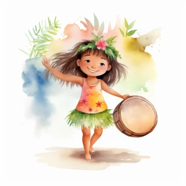 watercolour, adorable little hula dancer, she is 4 years old, dancing and playing a Hawaiian looking little drum, clipart