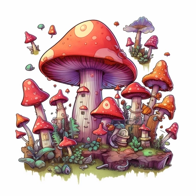 Create a collection of clipart featuring a magical world filled with enchanted mushrooms and whimsical creatures. Draw towering mushrooms with glowing caps, and tiny fairy-like creatures flitting around them. Use a white background and separate each element so they can be easily incorporated into any project. Add other fantasy elements such as castles, dragons, and unicorns to complete the scene. Let your imagination run wild with colors and details, bringing your mystical world to life.